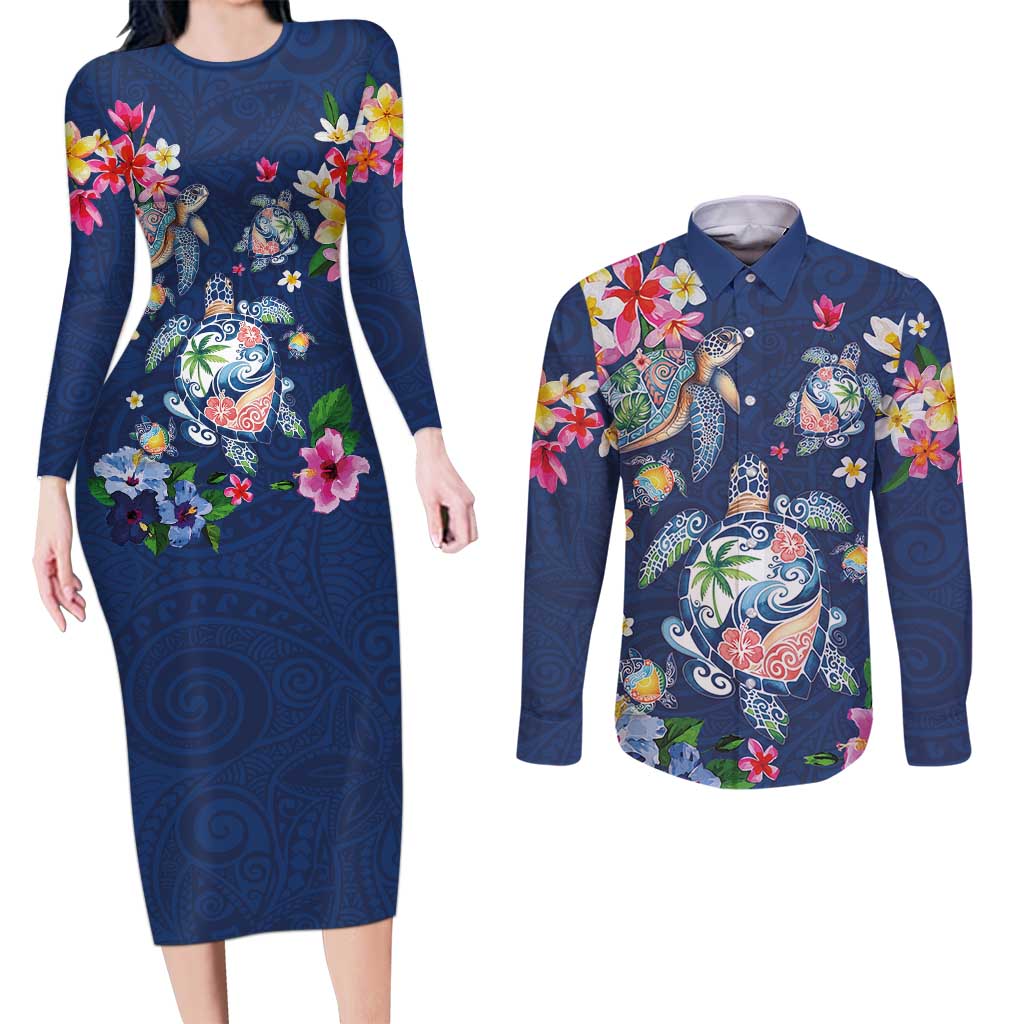 Hawaiian Turtles and Tropical Plants Couples Matching Long Sleeve Bodycon Dress and Long Sleeve Button Shirt Blue Watercolor