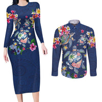 Hawaiian Turtles and Tropical Plants Couples Matching Long Sleeve Bodycon Dress and Long Sleeve Button Shirt Blue Watercolor