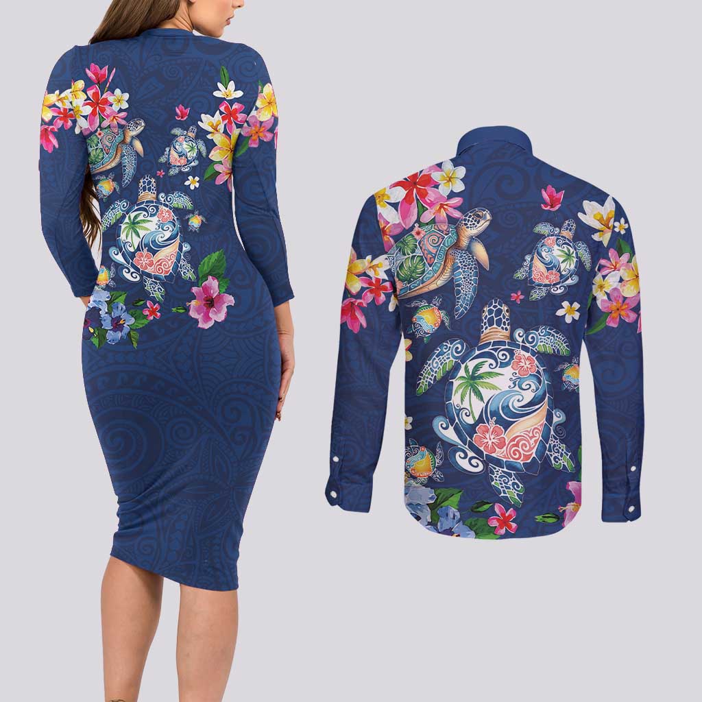 Hawaiian Turtles and Tropical Plants Couples Matching Long Sleeve Bodycon Dress and Long Sleeve Button Shirt Blue Watercolor
