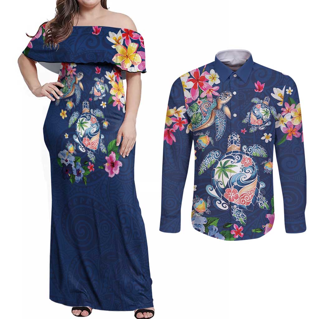 Hawaiian Turtles and Tropical Plants Couples Matching Off Shoulder Maxi Dress and Long Sleeve Button Shirt Blue Watercolor