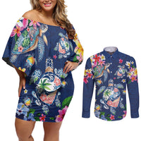 Hawaiian Turtles and Tropical Plants Couples Matching Off Shoulder Short Dress and Long Sleeve Button Shirt Blue Watercolor