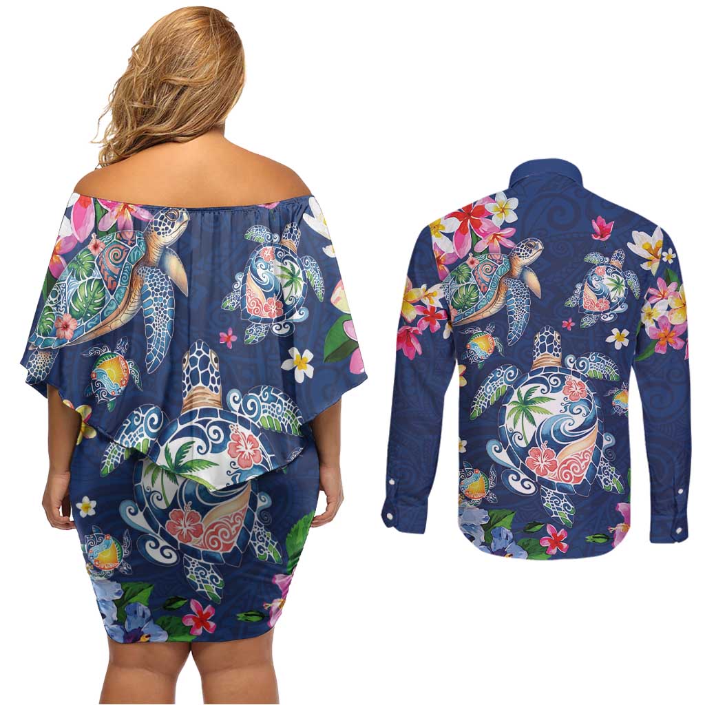 Hawaiian Turtles and Tropical Plants Couples Matching Off Shoulder Short Dress and Long Sleeve Button Shirt Blue Watercolor