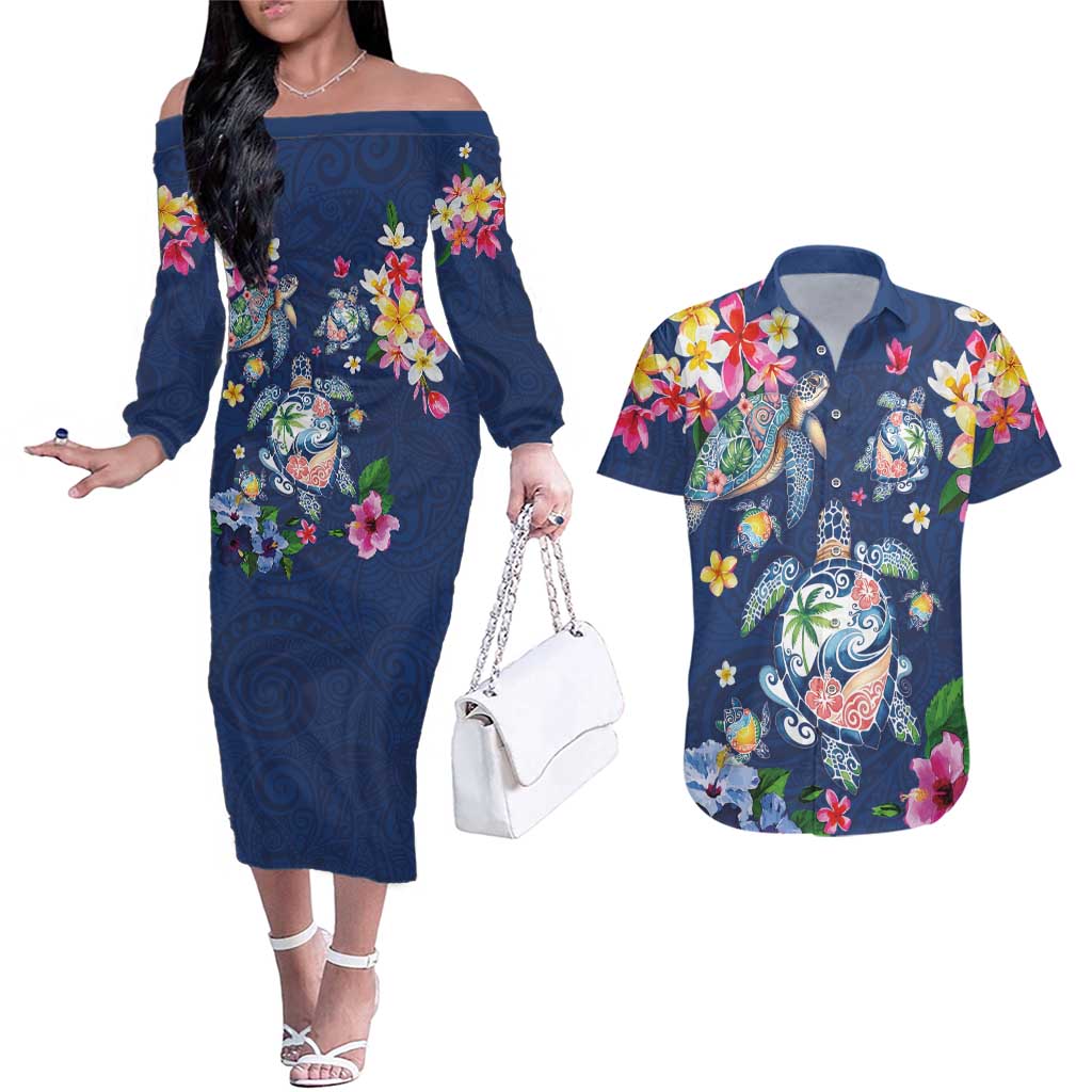 Hawaiian Turtles and Tropical Plants Couples Matching Off The Shoulder Long Sleeve Dress and Hawaiian Shirt Blue Watercolor LT03 Blue - Polynesian Pride