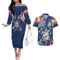 Hawaiian Turtles and Tropical Plants Couples Matching Off The Shoulder Long Sleeve Dress and Hawaiian Shirt Blue Watercolor LT03 Blue - Polynesian Pride