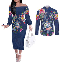 Hawaiian Turtles and Tropical Plants Couples Matching Off The Shoulder Long Sleeve Dress and Long Sleeve Button Shirt Blue Watercolor