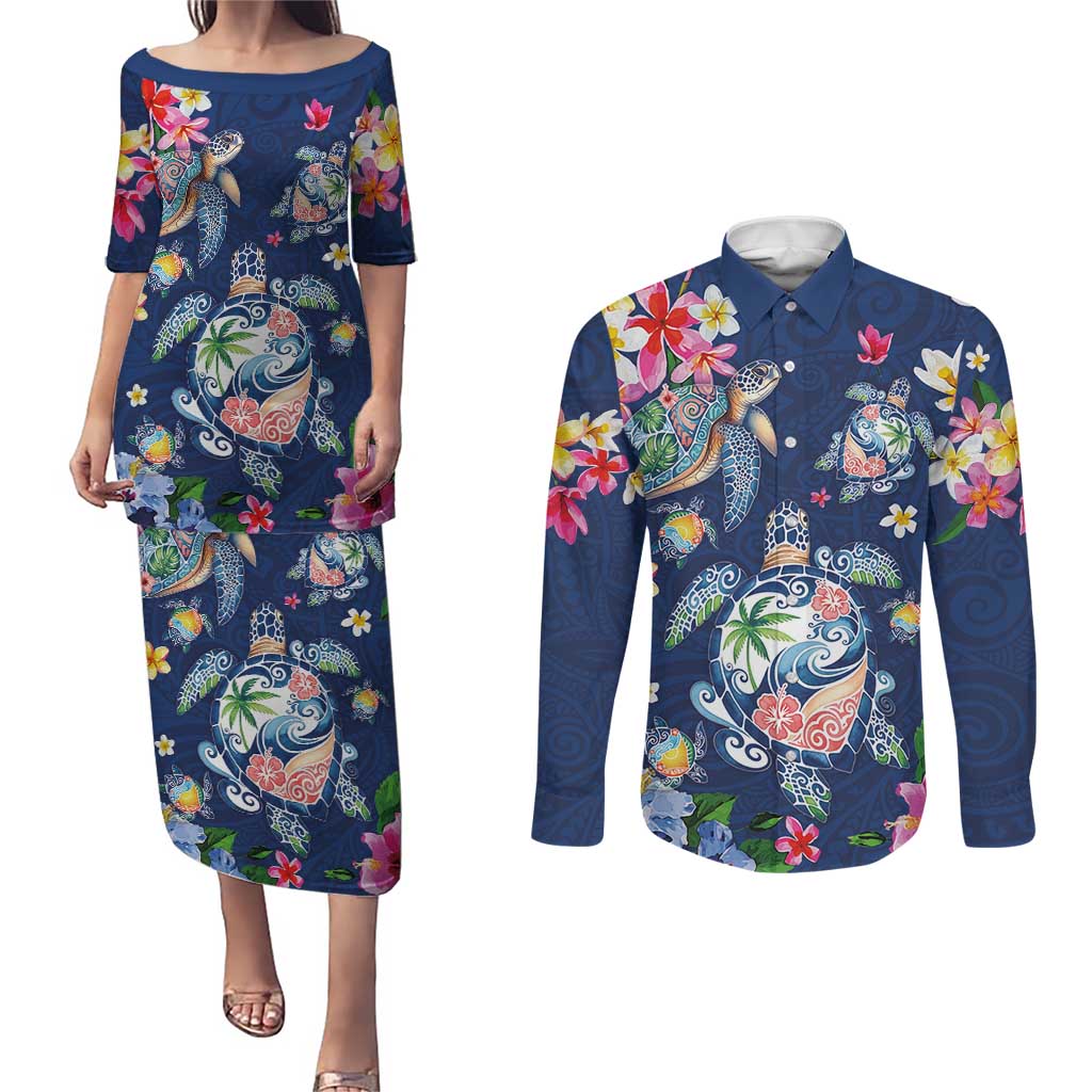 Hawaiian Turtles and Tropical Plants Couples Matching Puletasi and Long Sleeve Button Shirt Blue Watercolor