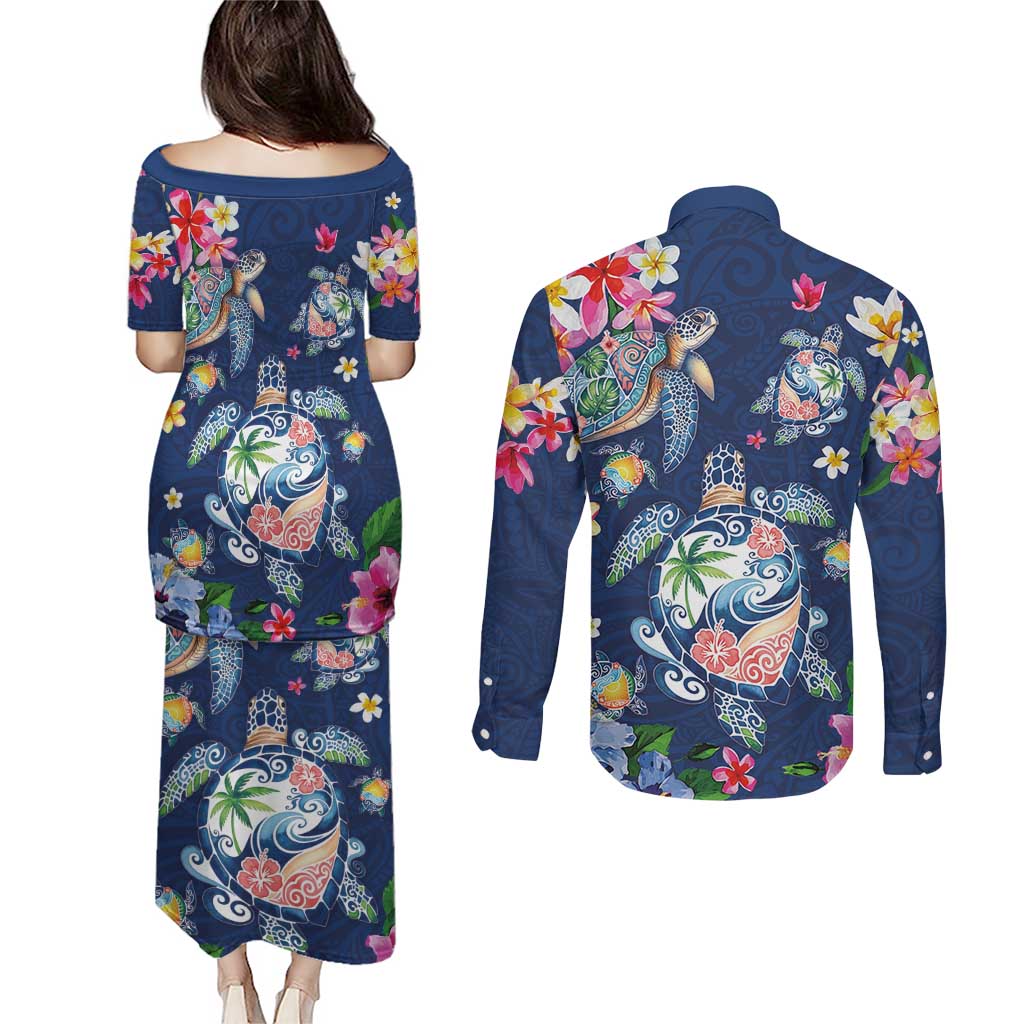 Hawaiian Turtles and Tropical Plants Couples Matching Puletasi and Long Sleeve Button Shirt Blue Watercolor