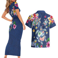 Hawaiian Turtles and Tropical Plants Couples Matching Short Sleeve Bodycon Dress and Hawaiian Shirt Blue Watercolor LT03 - Polynesian Pride