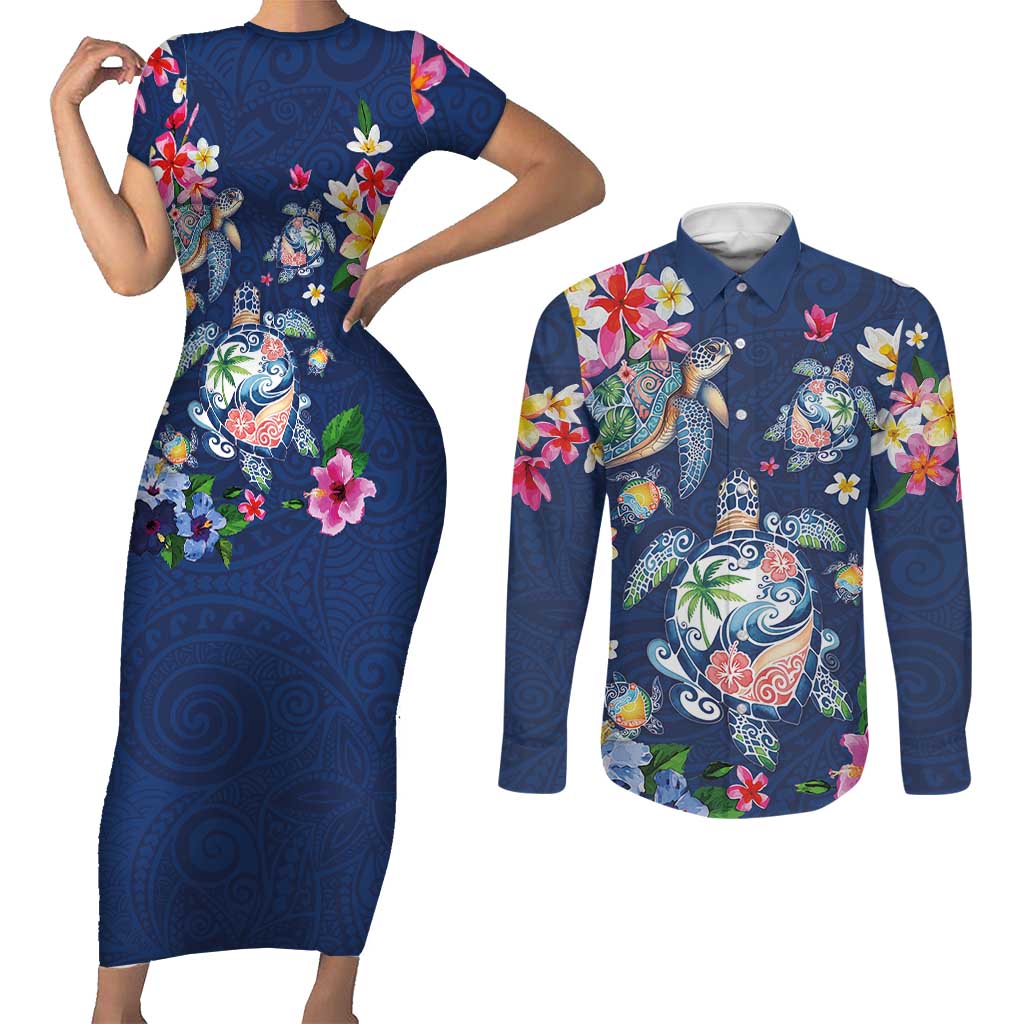 Hawaiian Turtles and Tropical Plants Couples Matching Short Sleeve Bodycon Dress and Long Sleeve Button Shirt Blue Watercolor LT03 Blue - Polynesian Pride