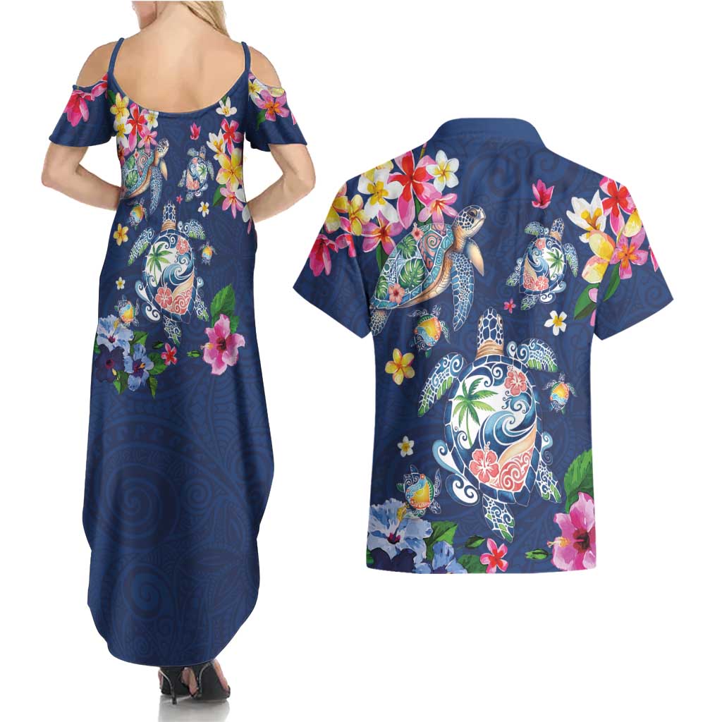 Hawaiian Turtles and Tropical Plants Couples Matching Summer Maxi Dress and Hawaiian Shirt Blue Watercolor