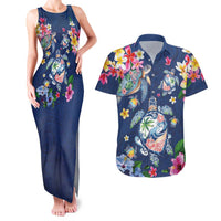 Hawaiian Turtles and Tropical Plants Couples Matching Tank Maxi Dress and Hawaiian Shirt Blue Watercolor LT03 Blue - Polynesian Pride