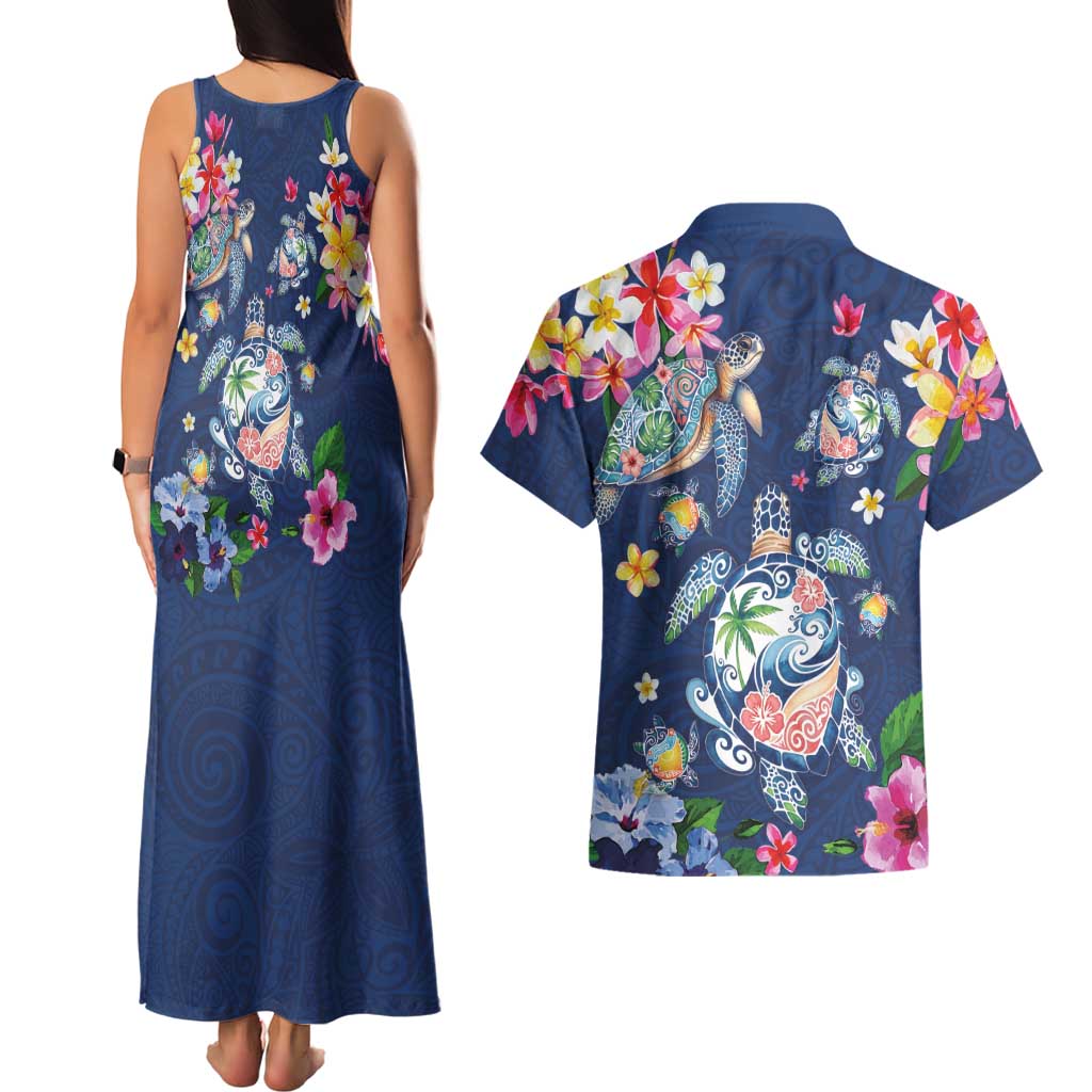Hawaiian Turtles and Tropical Plants Couples Matching Tank Maxi Dress and Hawaiian Shirt Blue Watercolor LT03 - Polynesian Pride