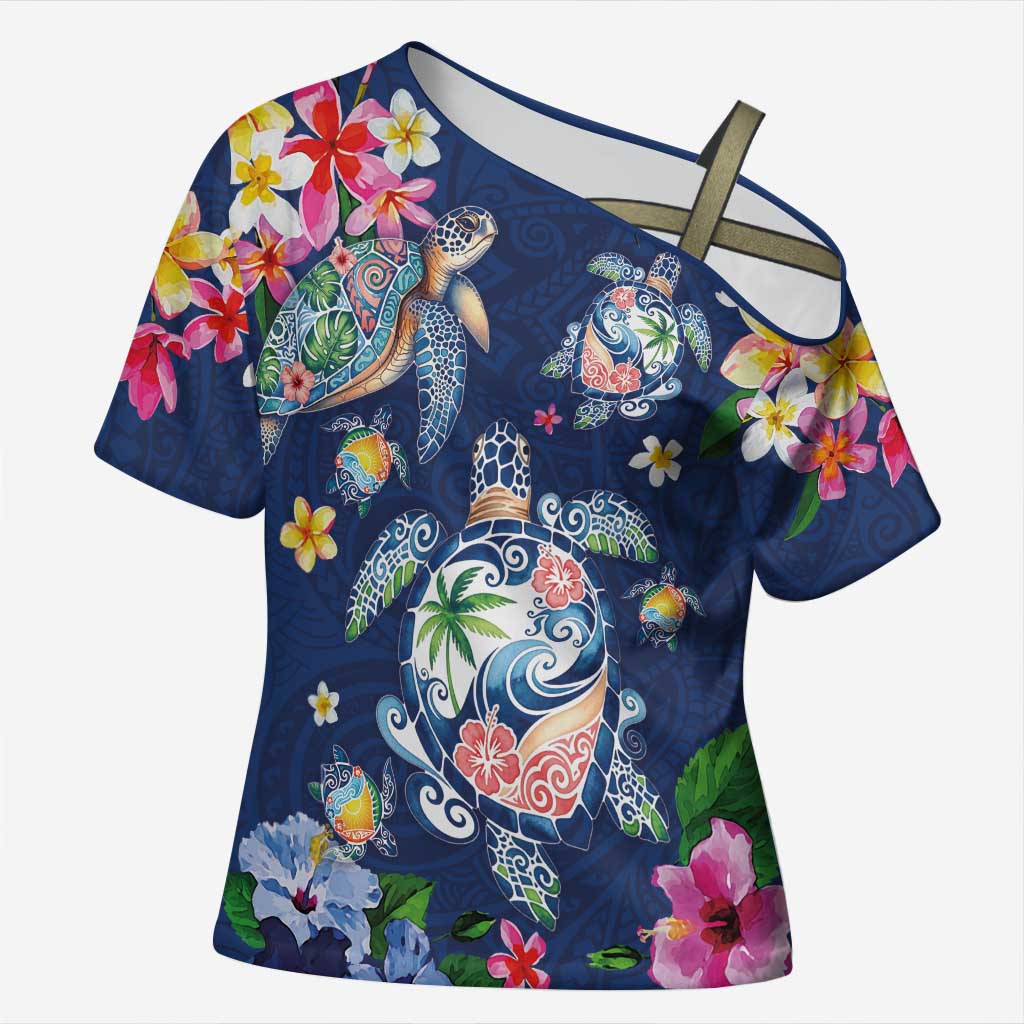 Hawaiian Turtles and Tropical Plants Cross Shoulder Shirt Blue Watercolor