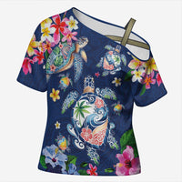 Hawaiian Turtles and Tropical Plants Cross Shoulder Shirt Blue Watercolor