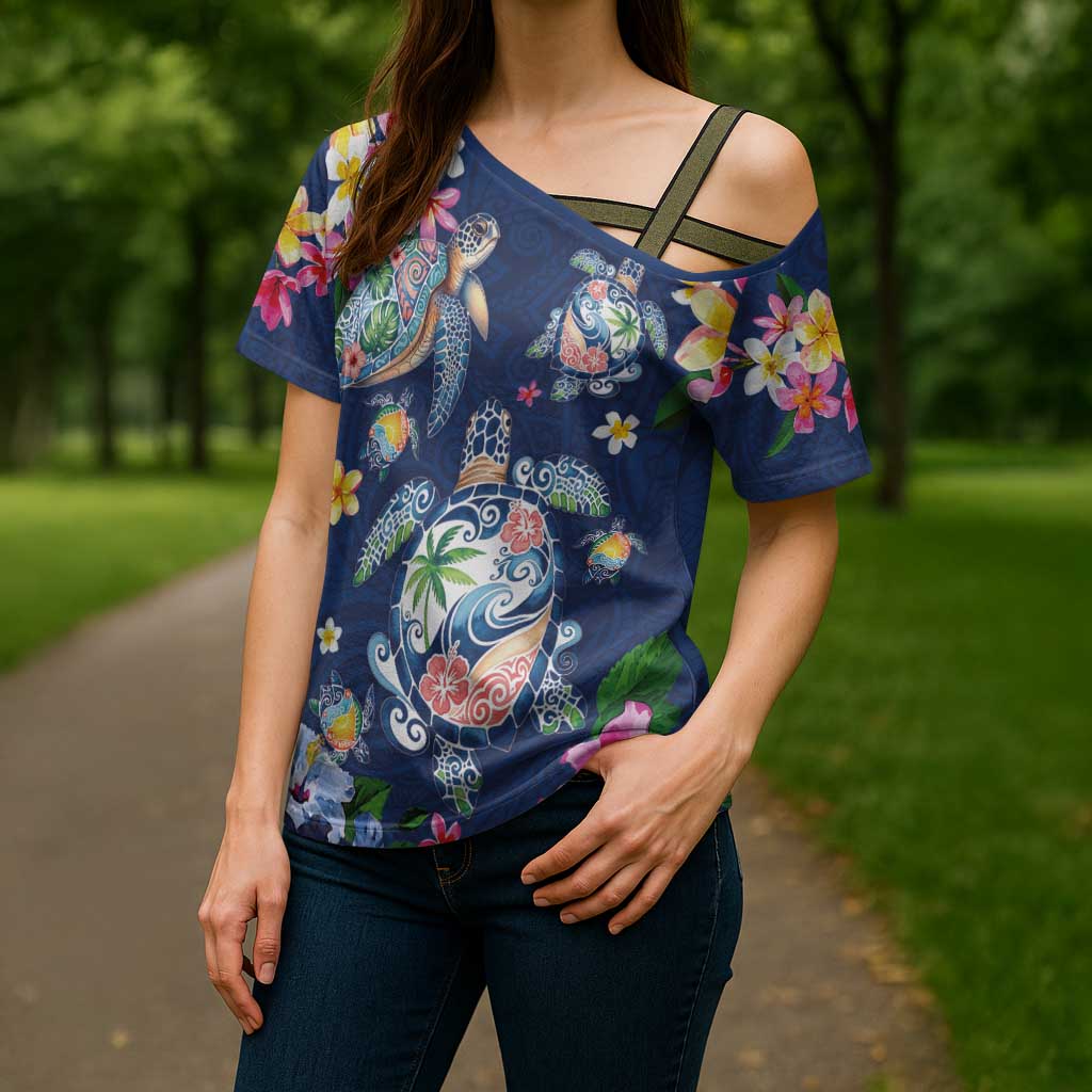 Hawaiian Turtles and Tropical Plants Cross Shoulder Shirt Blue Watercolor