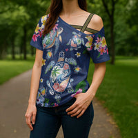 Hawaiian Turtles and Tropical Plants Cross Shoulder Shirt Blue Watercolor