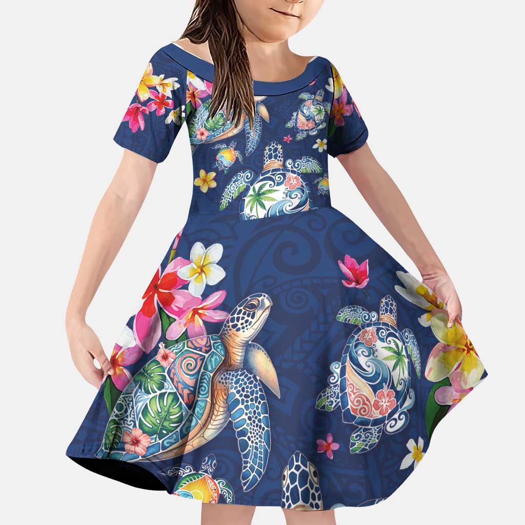 Hawaiian Turtles and Tropical Plants Family Matching Long Sleeve Bodycon Dress and Hawaiian Shirt Blue Watercolor LT03 Daughter's Dress Blue - Polynesian Pride
