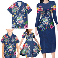 Hawaiian Turtles and Tropical Plants Family Matching Long Sleeve Bodycon Dress and Hawaiian Shirt Blue Watercolor LT03 - Polynesian Pride