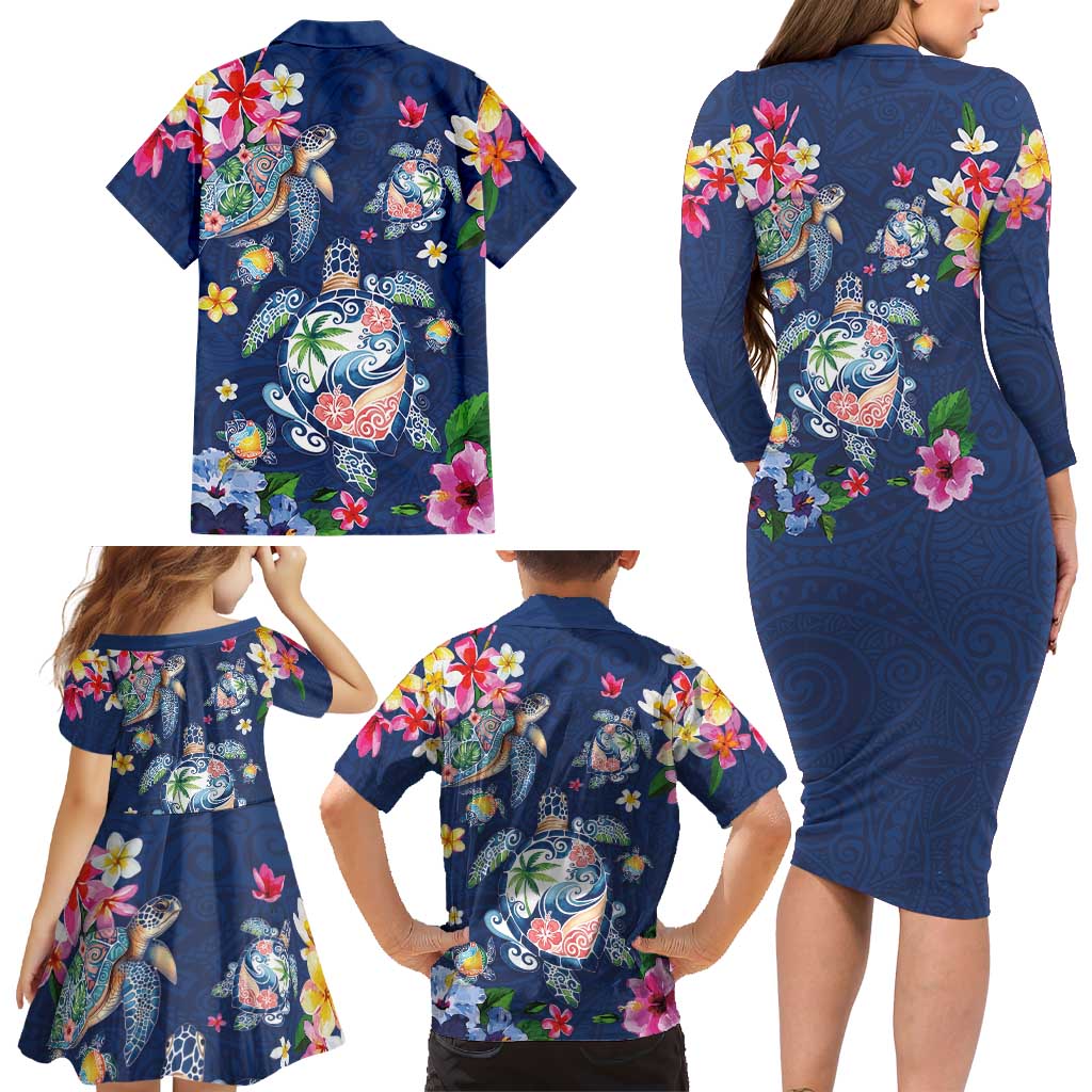 Hawaiian Turtles and Tropical Plants Family Matching Long Sleeve Bodycon Dress and Hawaiian Shirt Blue Watercolor LT03 - Polynesian Pride