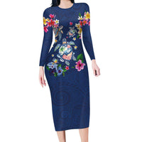 Hawaiian Turtles and Tropical Plants Family Matching Long Sleeve Bodycon Dress and Hawaiian Shirt Blue Watercolor LT03 Mom's Dress Blue - Polynesian Pride