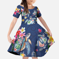 Hawaiian Turtles and Tropical Plants Family Matching Off The Shoulder Long Sleeve Dress and Hawaiian Shirt Blue Watercolor LT03 Daughter's Dress Blue - Polynesian Pride