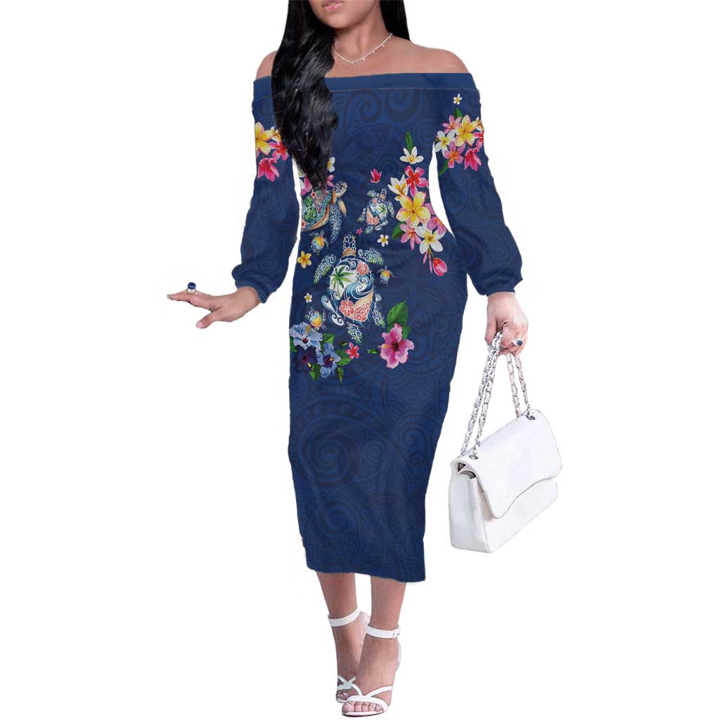 Hawaiian Turtles and Tropical Plants Family Matching Off The Shoulder Long Sleeve Dress and Hawaiian Shirt Blue Watercolor LT03 Mom's Dress Blue - Polynesian Pride