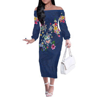 Hawaiian Turtles and Tropical Plants Family Matching Off The Shoulder Long Sleeve Dress and Hawaiian Shirt Blue Watercolor LT03 Mom's Dress Blue - Polynesian Pride