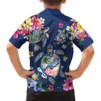 Hawaiian Turtles and Tropical Plants Family Matching Off Shoulder Maxi Dress and Hawaiian Shirt Blue Watercolor LT03 - Polynesian Pride