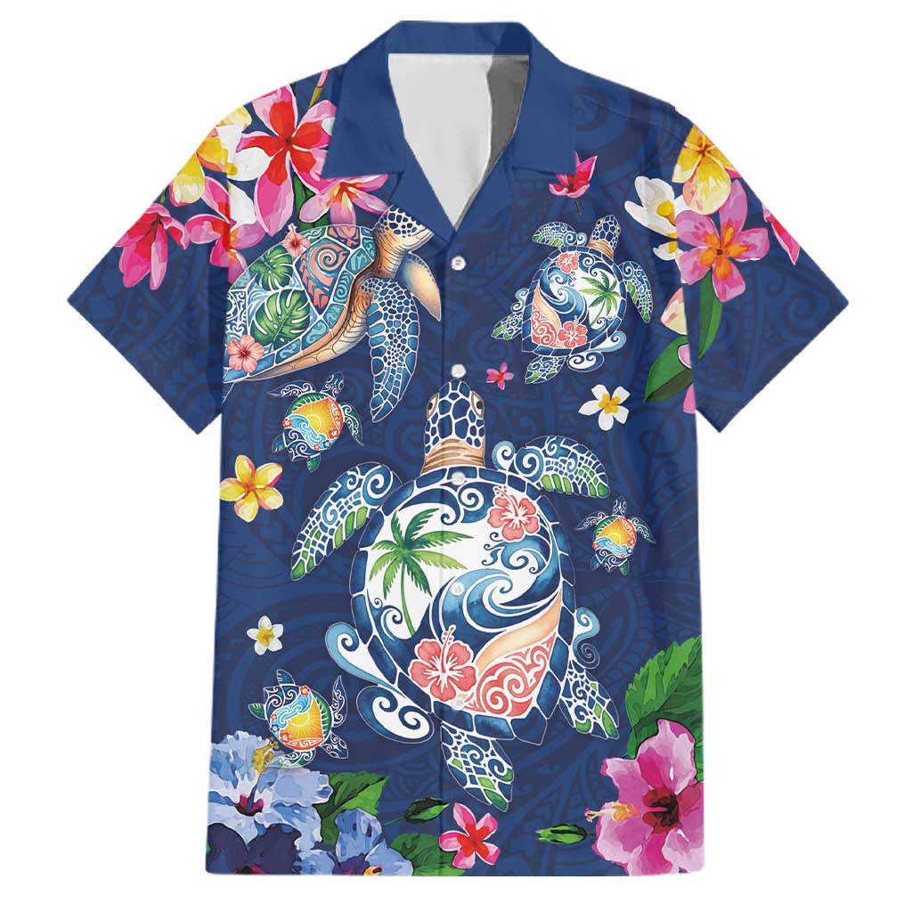 Hawaiian Turtles and Tropical Plants Family Matching Off Shoulder Maxi Dress and Hawaiian Shirt Blue Watercolor LT03 Dad's Shirt - Short Sleeve Blue - Polynesian Pride