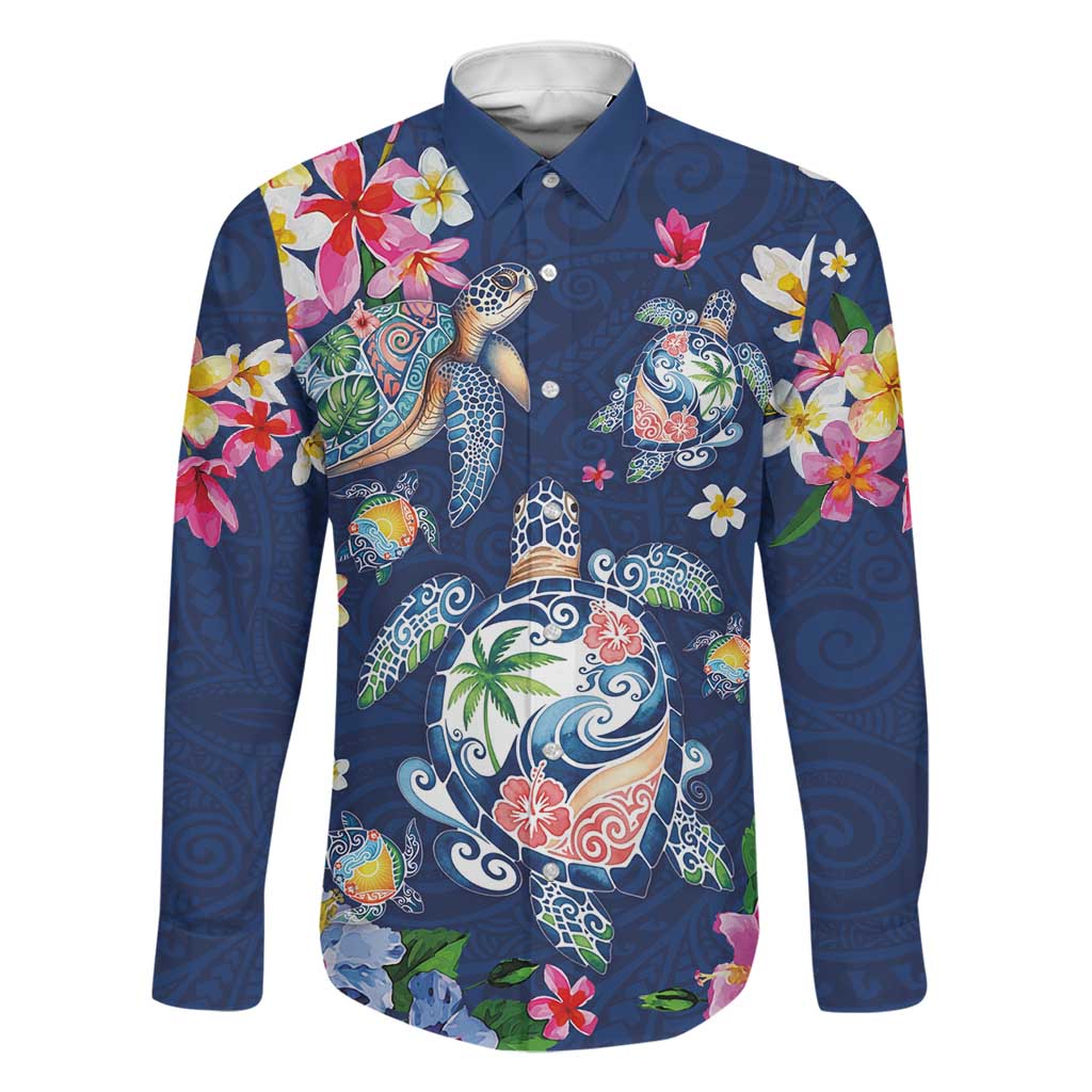 Hawaiian Turtles and Tropical Plants Family Matching Off Shoulder Maxi Dress and Hawaiian Shirt Blue Watercolor LT03 Dad's Shirt - Long Sleeve Blue - Polynesian Pride