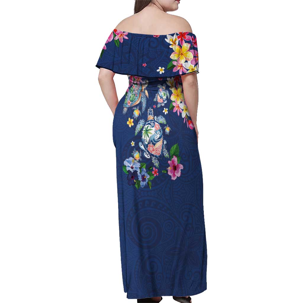Hawaiian Turtles and Tropical Plants Family Matching Off Shoulder Maxi Dress and Hawaiian Shirt Blue Watercolor LT03 - Polynesian Pride