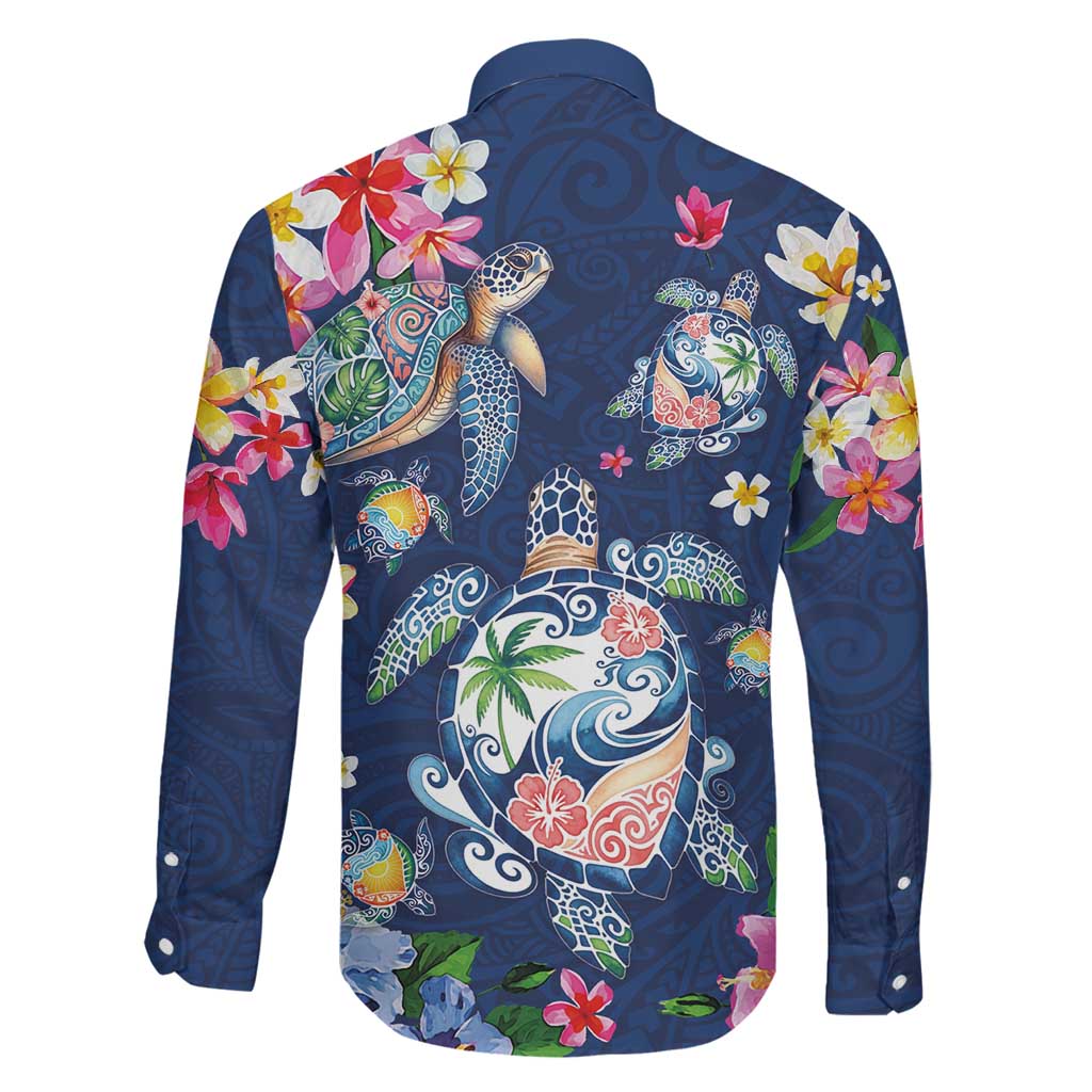 Hawaiian Turtles and Tropical Plants Family Matching Off Shoulder Short Dress and Hawaiian Shirt Blue Watercolor LT03 - Polynesian Pride