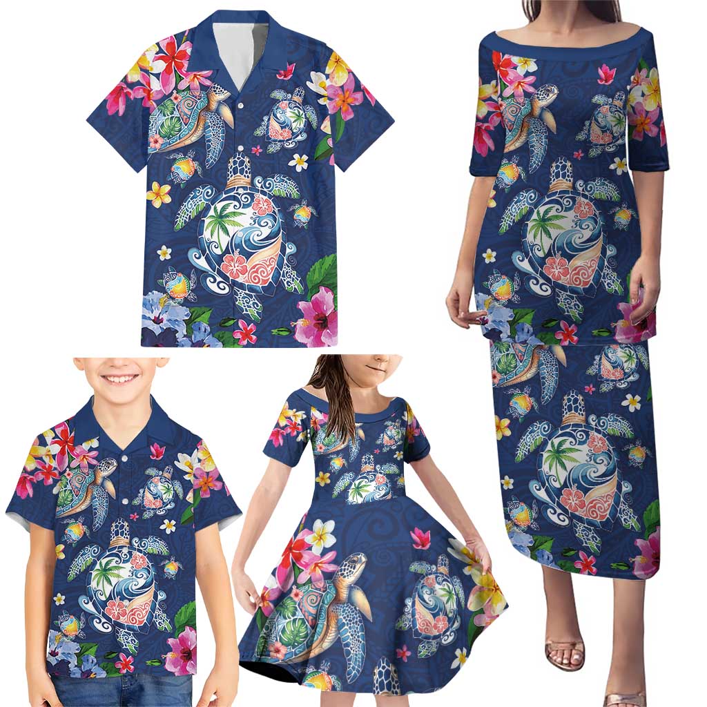 Hawaiian Turtles and Tropical Plants Family Matching Puletasi and Hawaiian Shirt Blue Watercolor