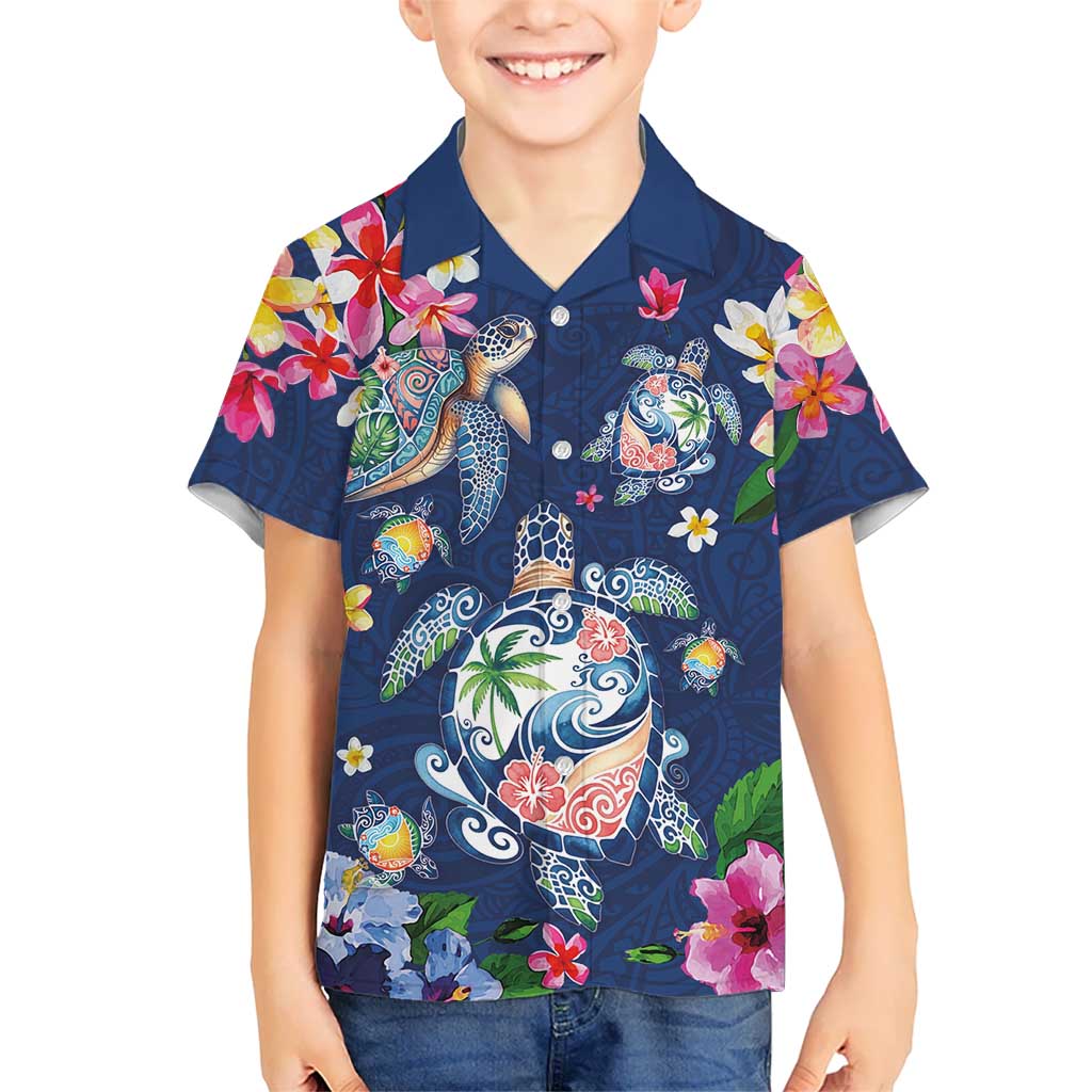 Hawaiian Turtles and Tropical Plants Family Matching Puletasi and Hawaiian Shirt Blue Watercolor LT03 Son's Shirt Blue - Polynesian Pride