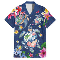 Hawaiian Turtles and Tropical Plants Family Matching Short Sleeve Bodycon Dress and Hawaiian Shirt Blue Watercolor LT03 Dad's Shirt - Short Sleeve Blue - Polynesian Pride