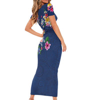 Hawaiian Turtles and Tropical Plants Family Matching Short Sleeve Bodycon Dress and Hawaiian Shirt Blue Watercolor LT03 - Polynesian Pride