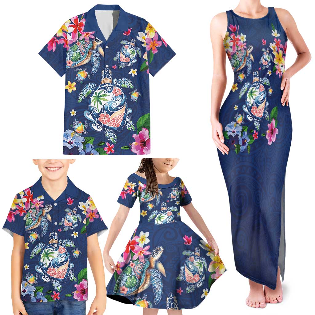 Hawaiian Turtles and Tropical Plants Family Matching Tank Maxi Dress and Hawaiian Shirt Blue Watercolor
