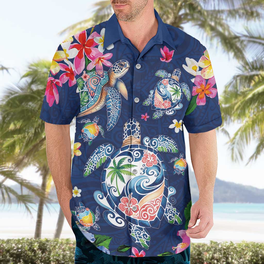 Hawaiian Turtles and Tropical Plants Hawaiian Shirt Blue Watercolor