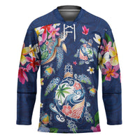 Hawaiian Turtles and Tropical Plants Hockey Jersey Blue Watercolor