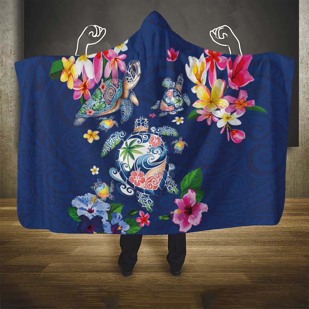 Hawaiian Turtles and Tropical Plants Hooded Blanket Blue Watercolor