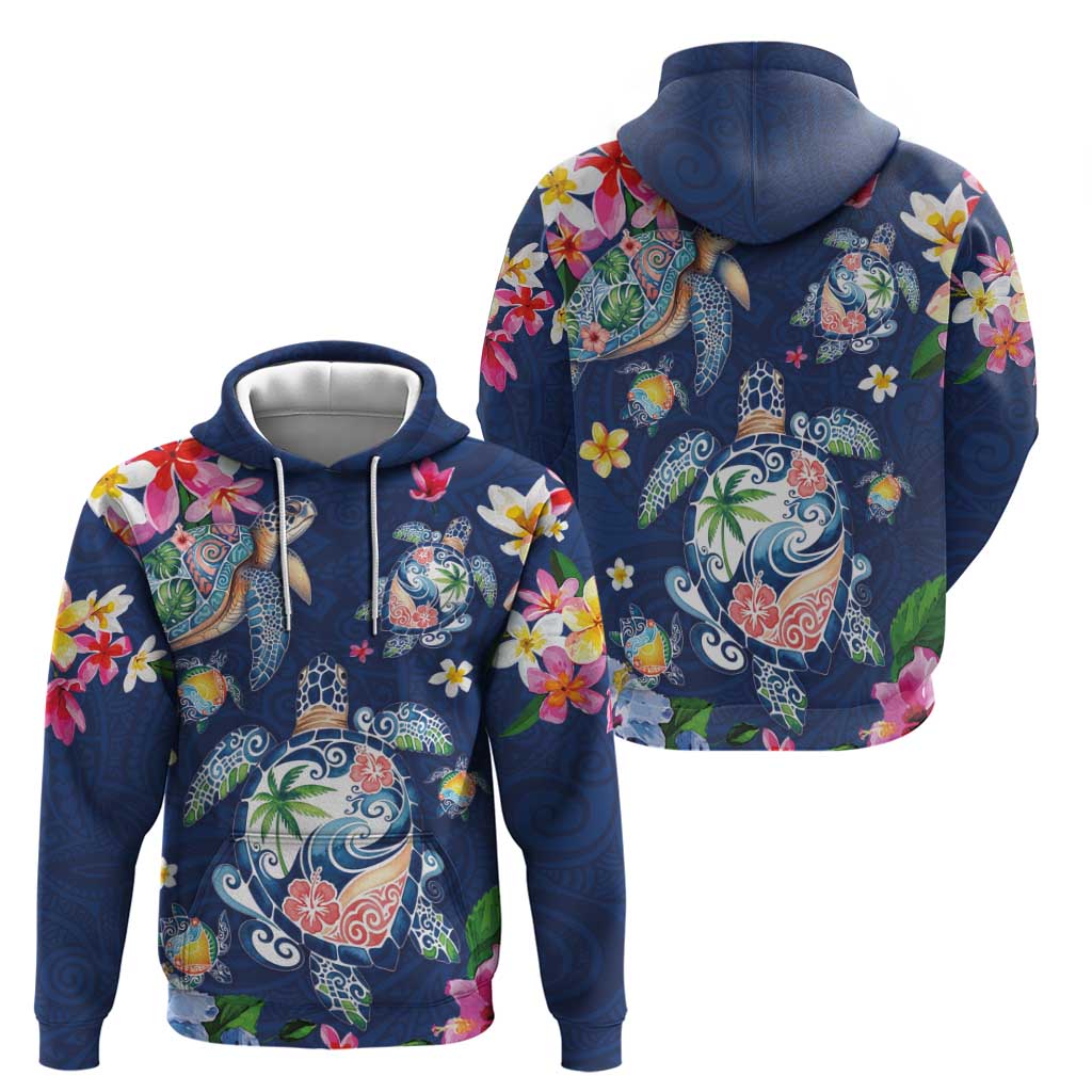 Hawaiian Turtles and Tropical Plants Hoodie Blue Watercolor