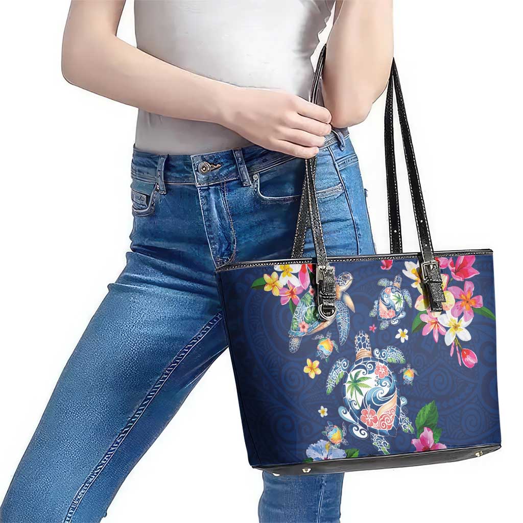 Hawaiian Turtles and Tropical Plants Leather Tote Bag Blue Watercolor