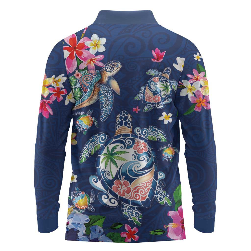 Hawaiian Turtles and Tropical Plants Long Sleeve Polo Shirt Blue Watercolor
