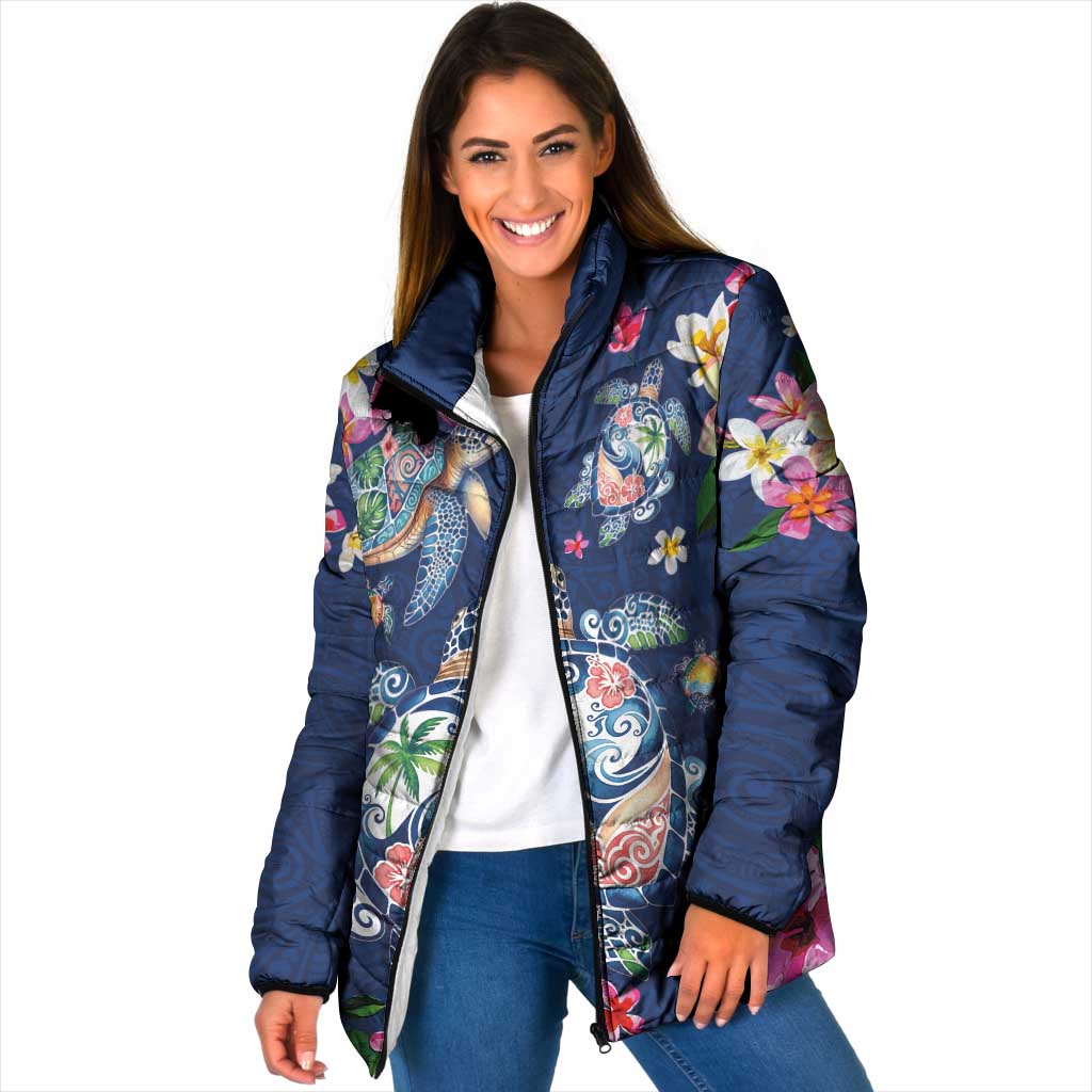 Hawaiian Turtles and Tropical Plants Padded Jacket Blue Watercolor