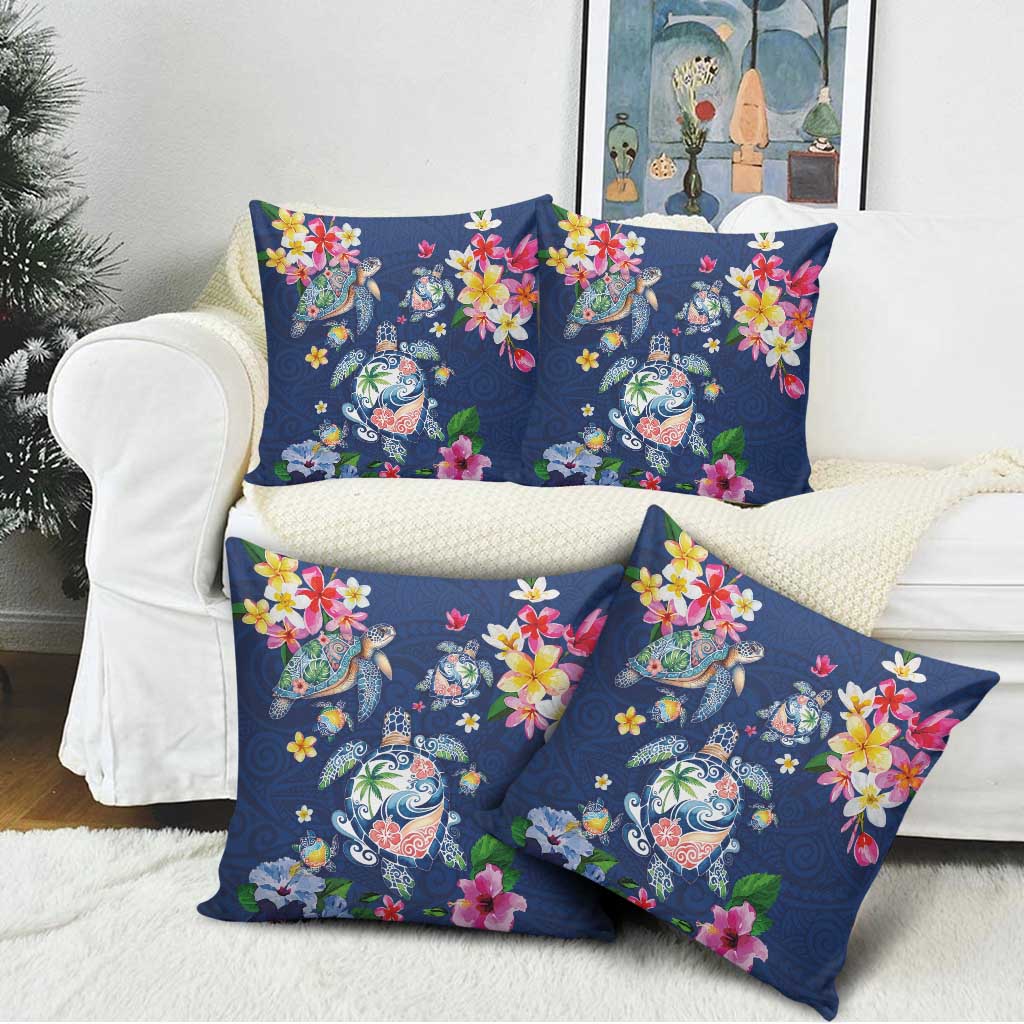 Hawaiian Turtles and Tropical Plants Pillow Cover Blue Watercolor