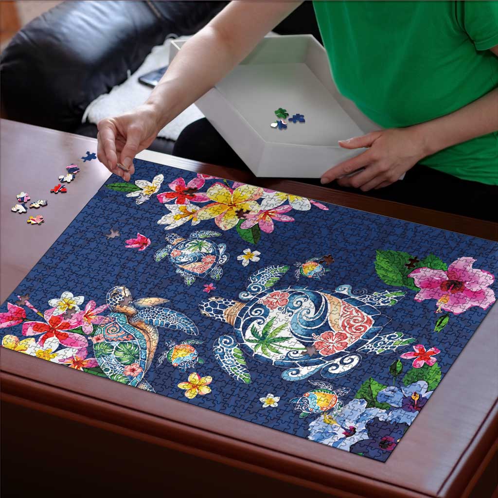 Hawaiian Turtles and Tropical Plants Puzzle Blue Watercolor