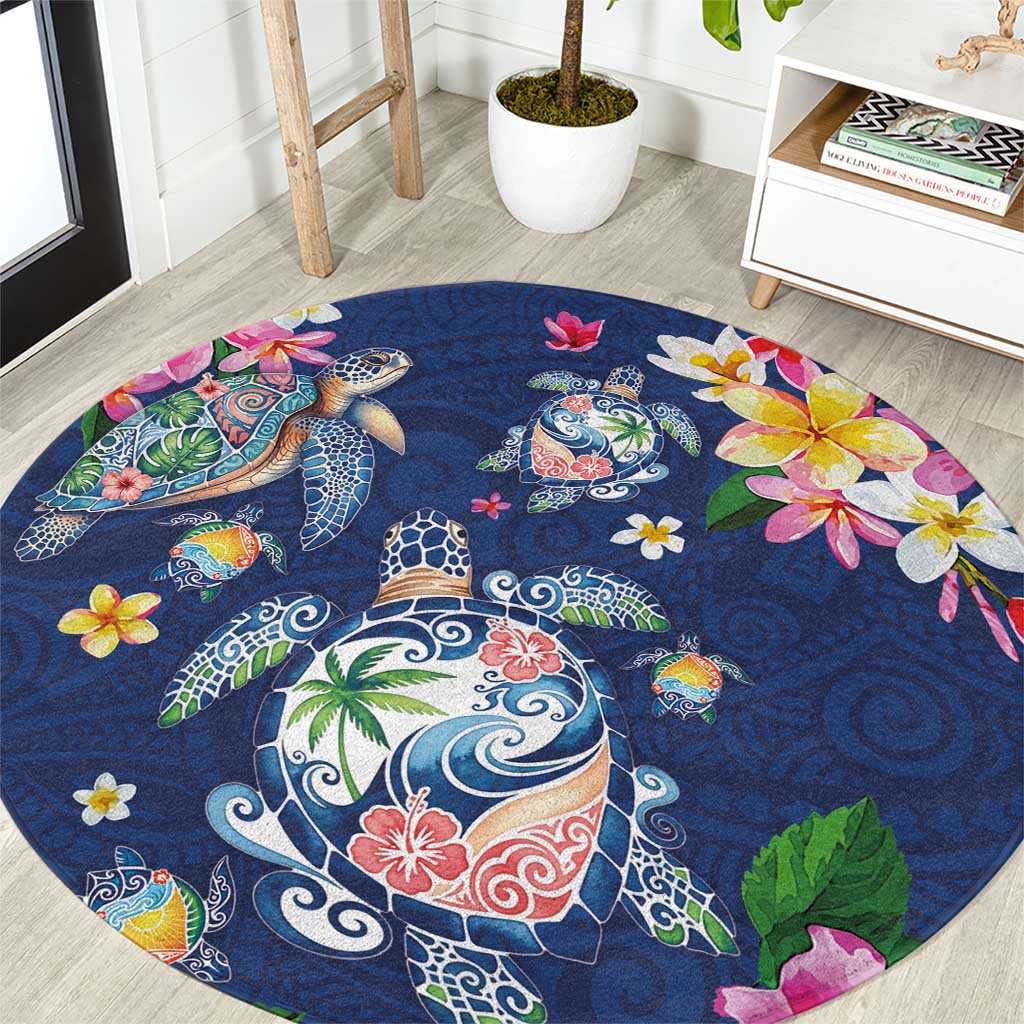 Hawaiian Turtles and Tropical Plants Round Carpet Blue Watercolor