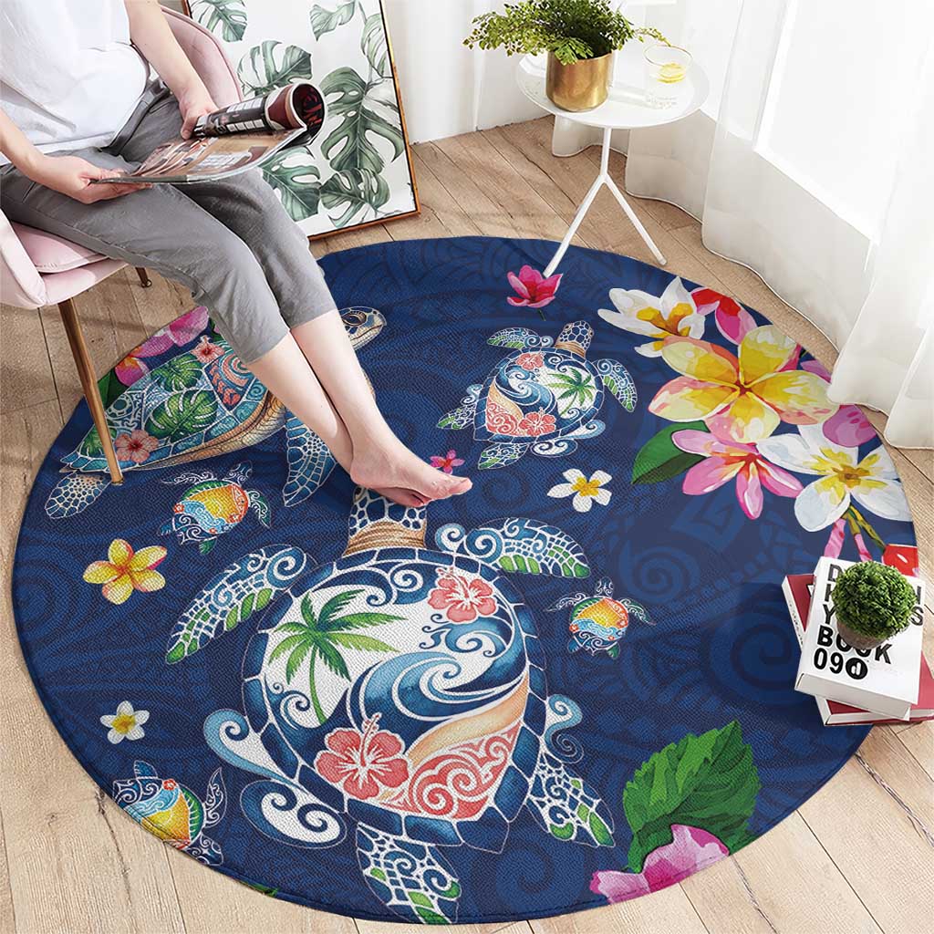 Hawaiian Turtles and Tropical Plants Round Carpet Blue Watercolor