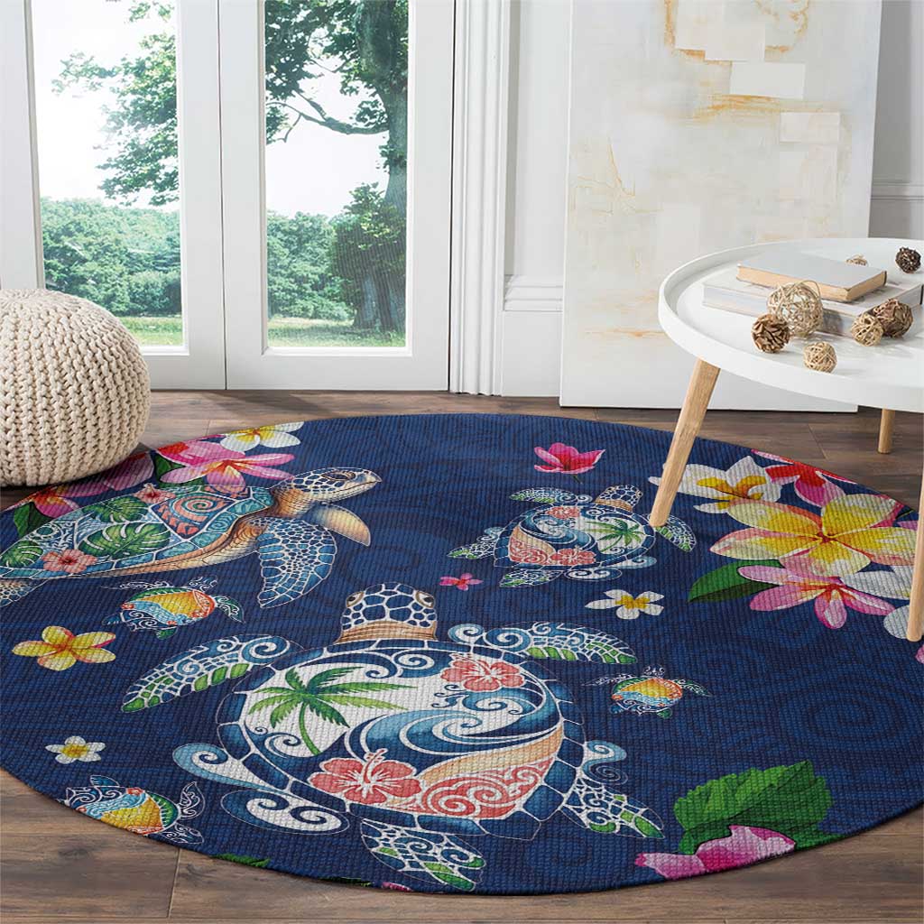 Hawaiian Turtles and Tropical Plants Round Carpet Blue Watercolor
