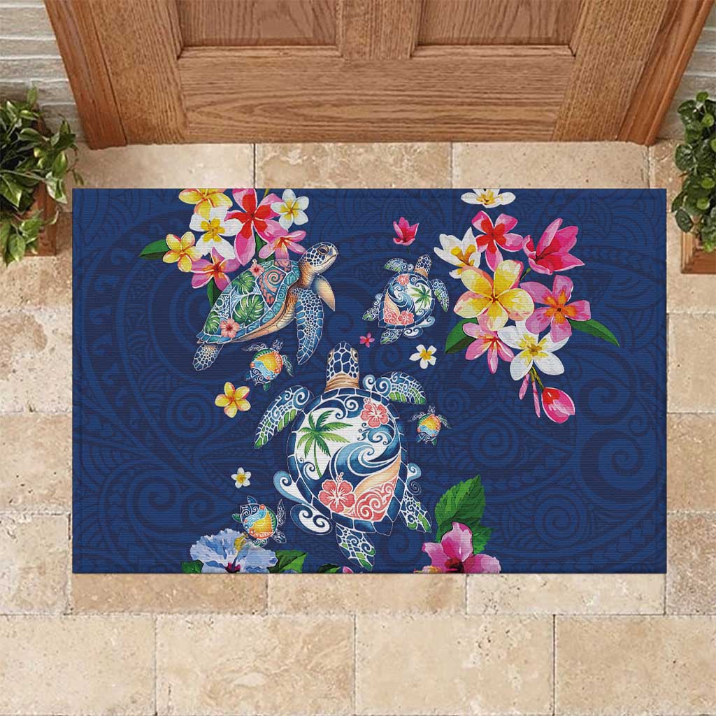 Hawaiian Turtles and Tropical Plants Rubber Doormat Blue Watercolor